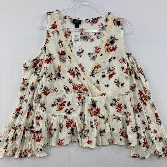New Daytrip Medium Floral Lace Faux Wrap Cold Shoulder Tiered Baby-doll Boho Top - Picture 3 of 11